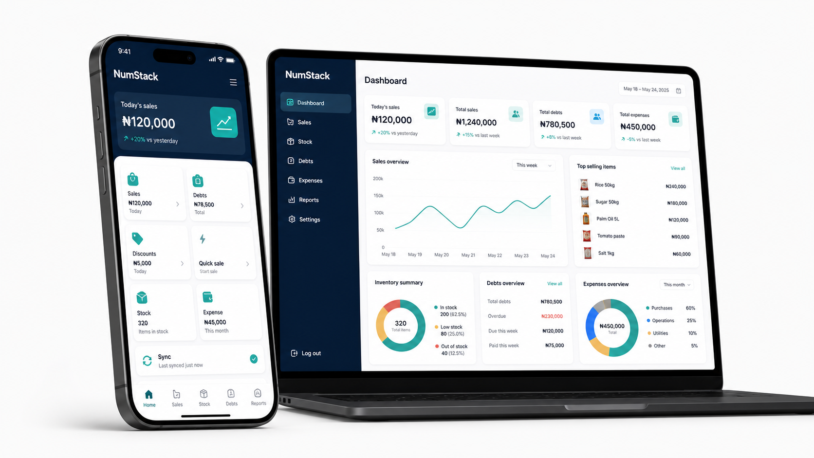 NumStack mobile app beside the business dashboard